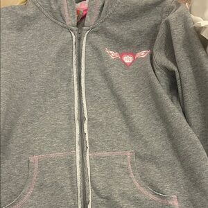 Y2K Gray Zip-Up Hoodie with Pink Heart and Cheetah Design